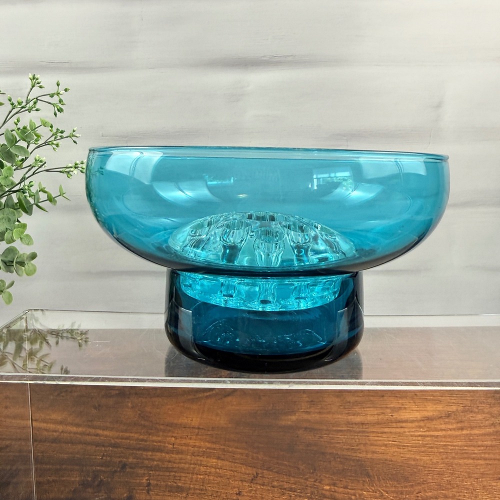 Morgantown Glass Sharon 9922 Flowerlite Peacock Blue Bowl Flower Frog MCM